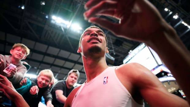 Dec 28, 2023; Portland, Oregon, USA; San Antonio Spurs center Victor Wembanyama (1) walks to the locker room after warming up before a game against the Portland Trail Blazers at Moda Center.